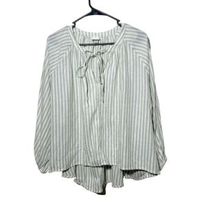 A New Day Peasant Blouse M Woven Linen Blend Stripe Green Boho Breathable Relax